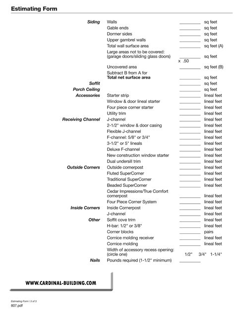 Printable Siding Estimate Template
