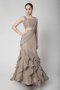 Buy Grey Blouse Dupion Saree Crepe Round Draped Ruffle With For Women ...