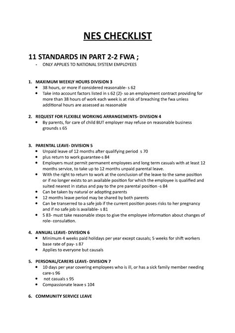 National employment Standard Checklist - NES CHECKLIST 11 STANDARDS IN ...