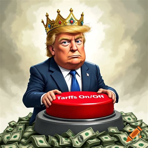 Cartoon of Donald Trump with crown on money pile, tariff button on Craiyon