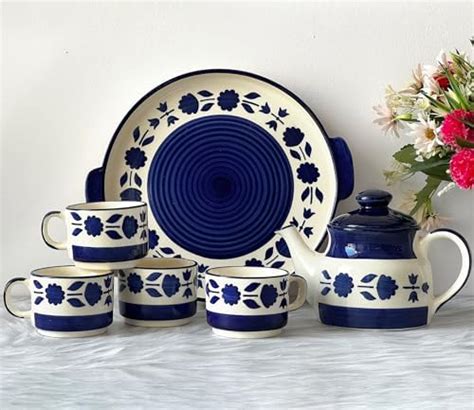 Buy MITHILA HANDICRAFTS Ceramic Tea Cups Set of 6 with Kettle ...