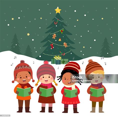 Happy Kids Singing Christmas Carols With Christmas Tree Stock ...