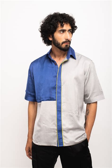 Grey-Blue Colorblocked Shirt – Neora By Nehal Chopra