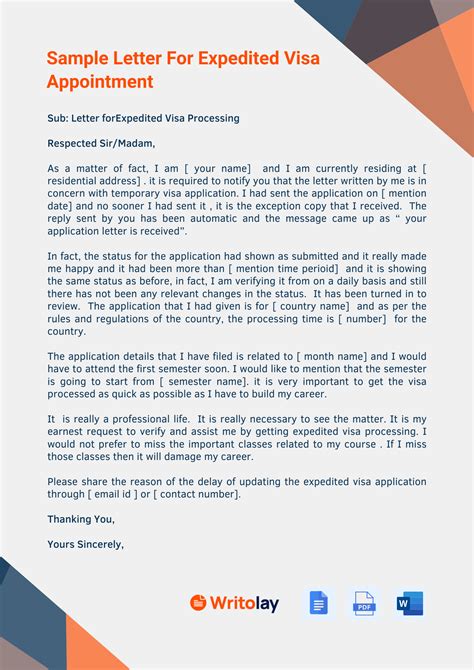 Expedited Visa Appointment Letter Example: 4 Templates - Writolay