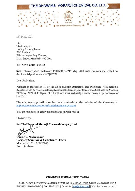 Dharamsi q4 concall - CIN NUMBER: L24110MH1919PLC REGD. OFFICE ...