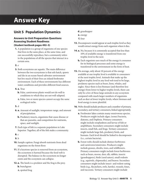 McGraw-Hill Ryerson Biology 12 Unit 5 Answer Key