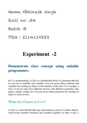 Exp 3 - OBJECT ORIENTED PROGRAMMING NOTES - Name Abhinesh singh Roll no ...