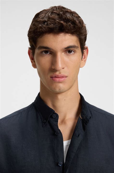 BOSS - Regular-fit button-down shirt in linen - Dark Blue