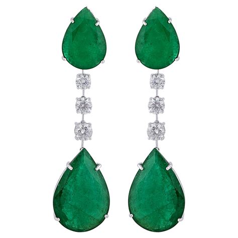 Pear Shape Emerald Gemstone Dangle Earrings Diamond 18 Karat White Gold ...
