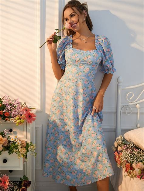 SHEIN Unity Random Allover Floral Print Puff Sleeve Dress | SHEIN USA