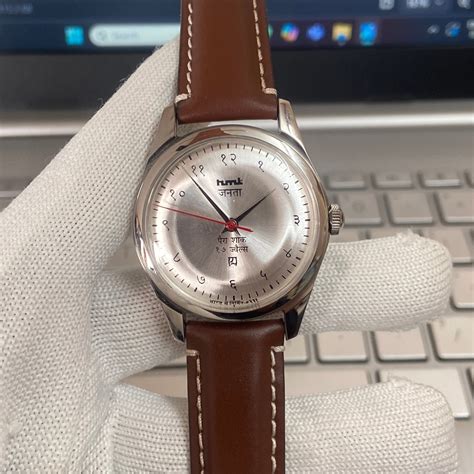 Vintage MOD HMT Devanagari Hand Winding 17 Jewels Silver Face Brown Ba ...