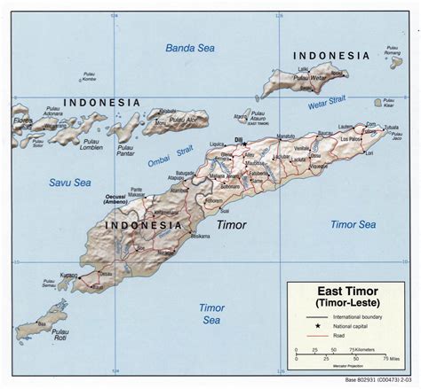 Large detailed political map of East Timor with relief, roads and major ...