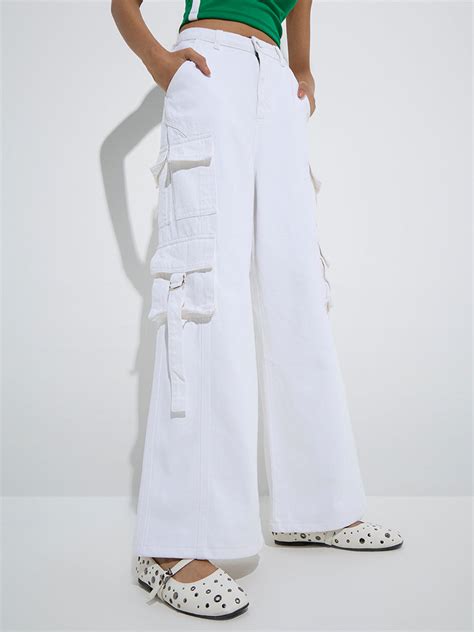 Buy Nuon White Cargo-Style Relaxed-Fit High-Rise Jeans from Westside