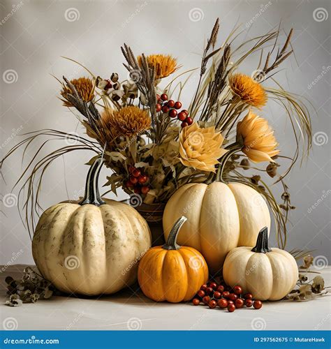 Elegantly Arranged Pumpkins, Rowan Trees and Autumn Flowers. Pumpkin As ...
