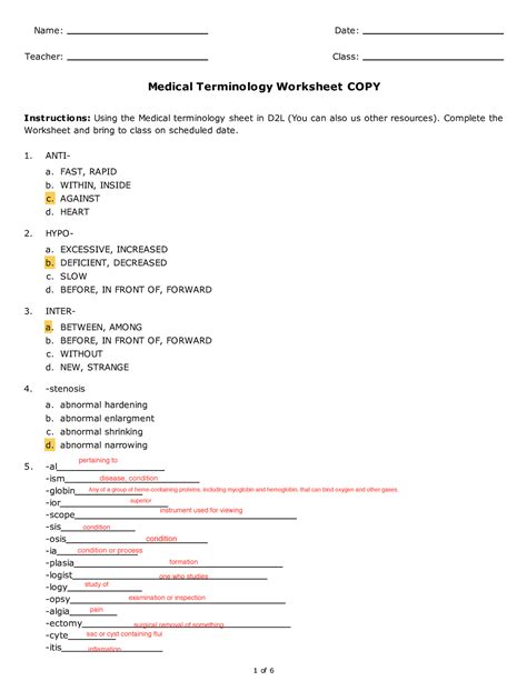 Medical Terminology Worksheet -al -ism -globin -ior -scope -sis -osis ...
