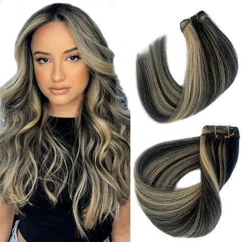 Amazon.com : Sew in Hair Extensions Real Human Hair Black and Blonde ...