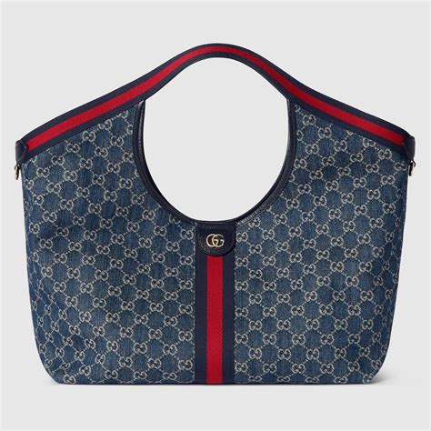 Gucci Giglio large tote bag in blue and white GG denim | GUCCI® US