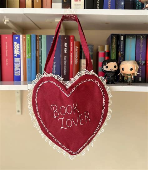 Heart Shaped Tote Bag, Book Lover Gift, Red Tote Bag, Hand Embroidered ...