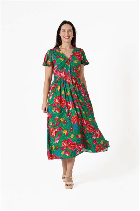 ALISH MIDI DRESS-WHOLESALE WOMEN DRESS-GREEN RED FLORAL – BOHO AUSTRALIA
