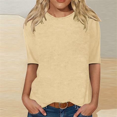 Eiyaclvo Elbow Length Tops for Women 2024 Fall Solid Color Crew Neck T ...