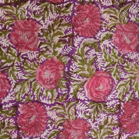 Pure Cotton Jaipuri Purple With Pink Big Rose Flower Jaal Hand Block P ...