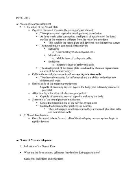 PSYC Unit 3 - Lecture notes 3 - PSYC Unit 3 A: Phases of Neurodevelopment 1. Induction of the ...