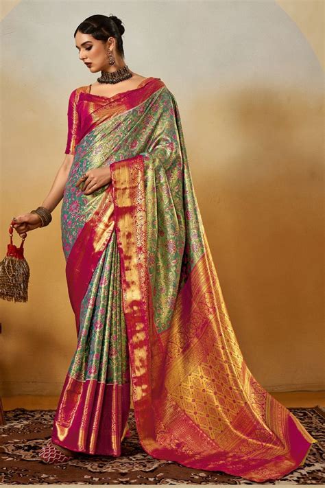 Buy Shadow Green Woven Kanjivaram Saree Online - MySilkLove