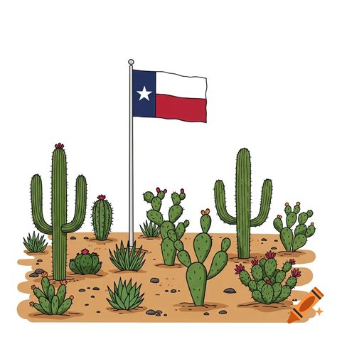 Desert vector art with cacti, plants, and a Texas flag. on Craiyon