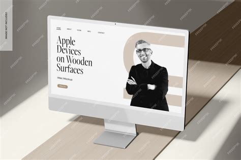 Premium PSD | IMac on Wooden Surface Mockup Perspective