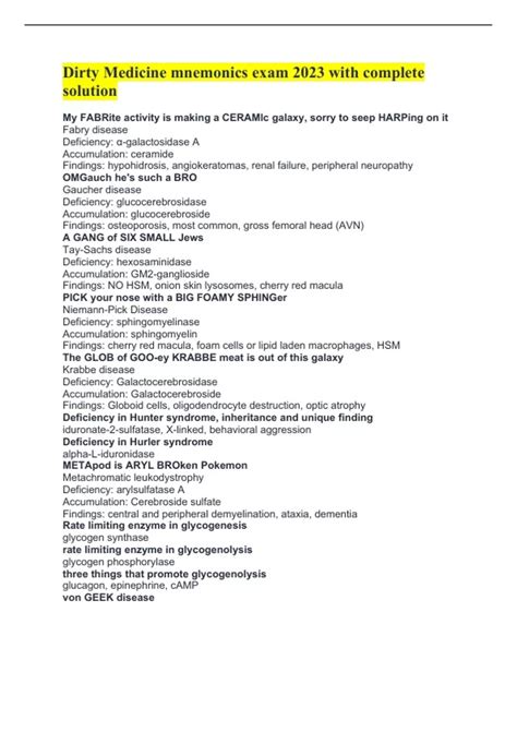 Dirty Medicine mnemonics exam 2023 with complete solution - Dirty ...