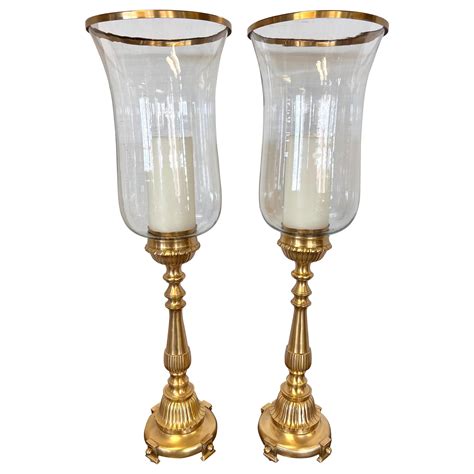 Pair of Tall Brass Candle Holders with Glass Hurricanes at 1stDibs