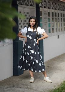 panthi Women Fit and Flare Black, White Midi/Calf Length Dress - Buy ...