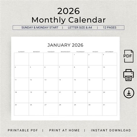 2026 Month Calendar Printable