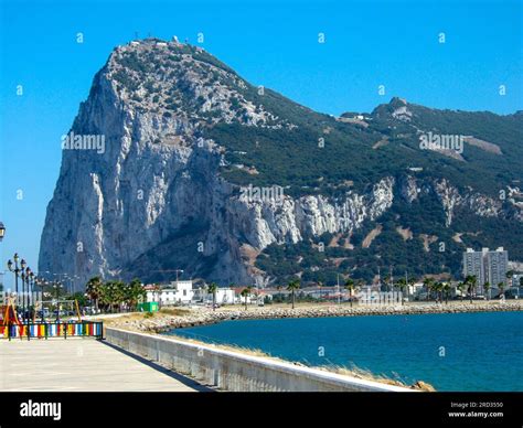 The Rock of Gibraltar, photographed from Spain, under clear blue sky ...