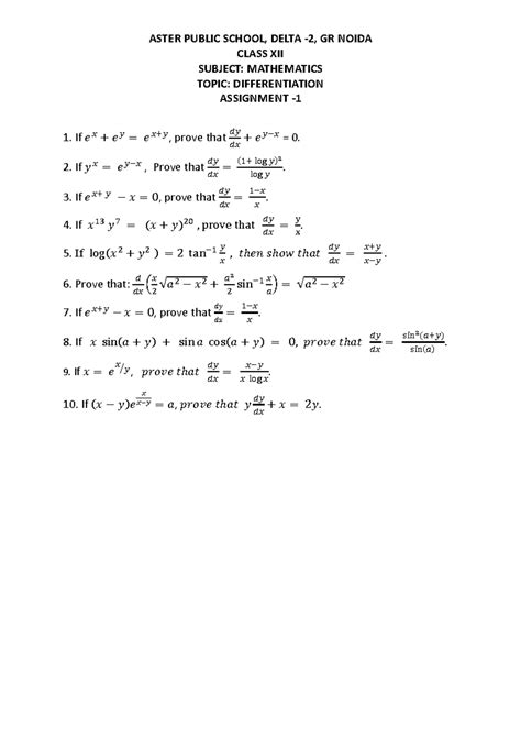 Differentiation Assignment 1 - CL XII - 2526 Math Notes - Studocu