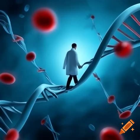 Scientist walking on DNA double helix in futuristic medical lab on Craiyon