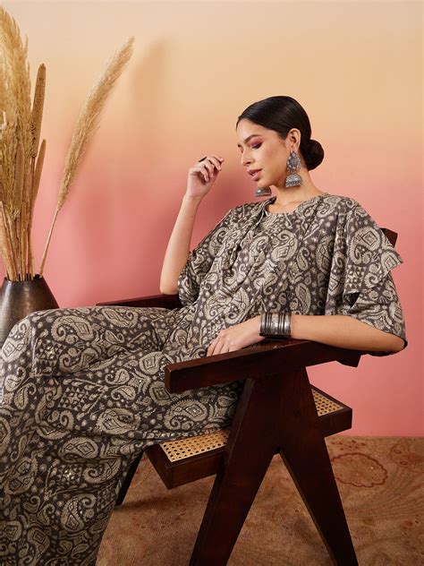 Dull Brown Paisley Print Cowl Neck Top Bottom Set