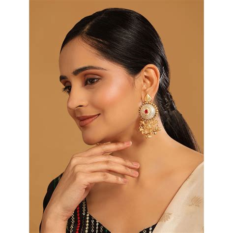 Buy Nuyug Red Brass 22K Gold Plated Stones Pair Of Earrings Online