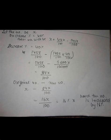 A number is increased by 40% and then decreased by 40%. Find the net ...