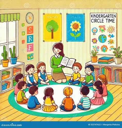 Kindergarten Classroom Circle Time with Teacher and Students in a Colorful Setting Stock ...