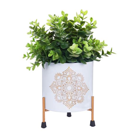 BonKaso Metal Pot White with tri Stand Golden Circle Design for Indoor ...