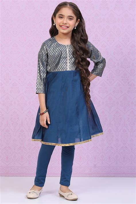 Buy Blue Art Silk Straight Printed Kurta Set Online at Biba India