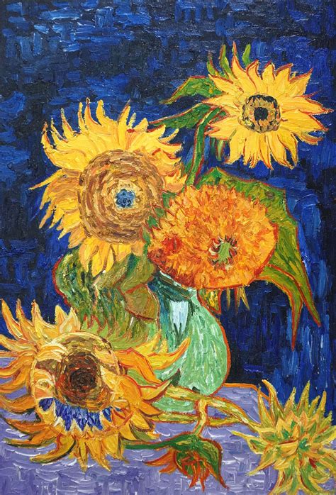 Vase with Five Sunflowers Oil Painting Reproduction Canvas by Vincent ...