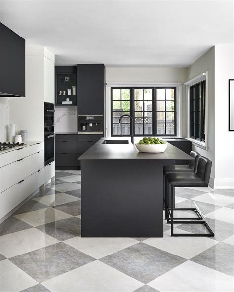 Black and White Kitchen With Checkered Flooring | White kitchen tiles ...