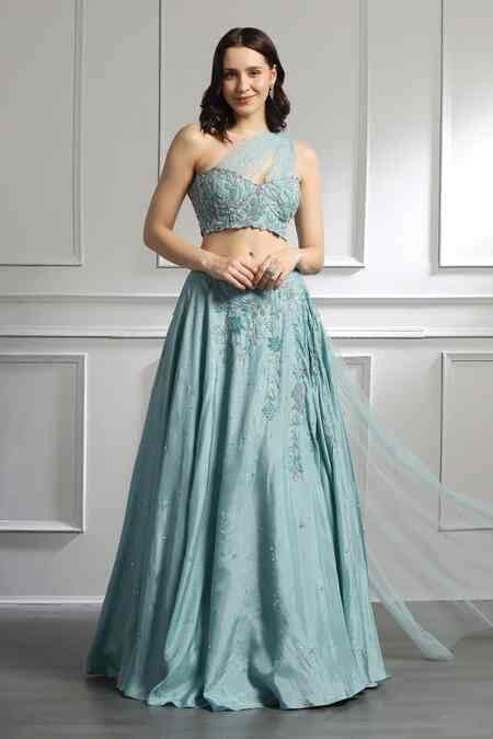 Buy Blue Silk, Net, Viscose Pearls, Embroidered Draped Blouse And ...