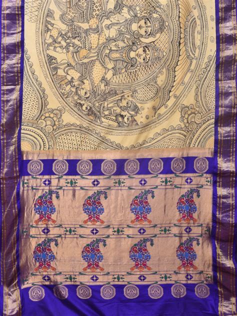 Cream and Blue Kalamkari Hand Painted Paithani Silk Handloom Saree wit ...