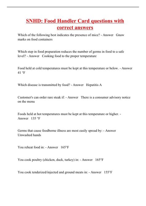 SNHD: Food Handler Card questions with correct answers - SNHD - Stuvia US