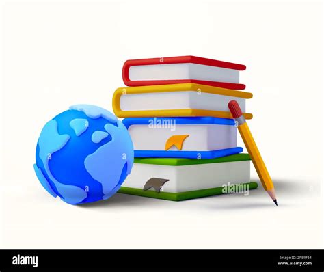 3d stack of books with globe or earth, pencil, isolated on white ...