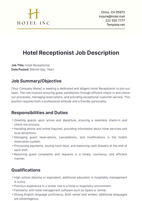 Free Hotel Receptionist Job Description Template to Edit Online