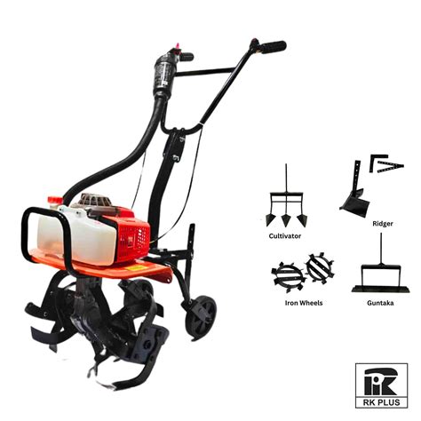 RK Plus 63CC Mini Tiller Powerful 3HP Petrol Engine with 4 attachments ...